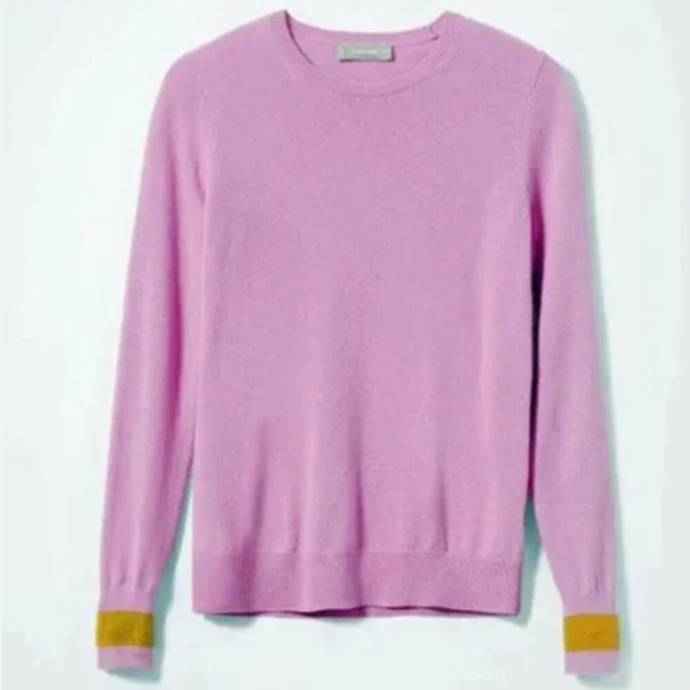 Everlane The Cashmere Crew Sweater Pink with Yellow Sleeve Detail